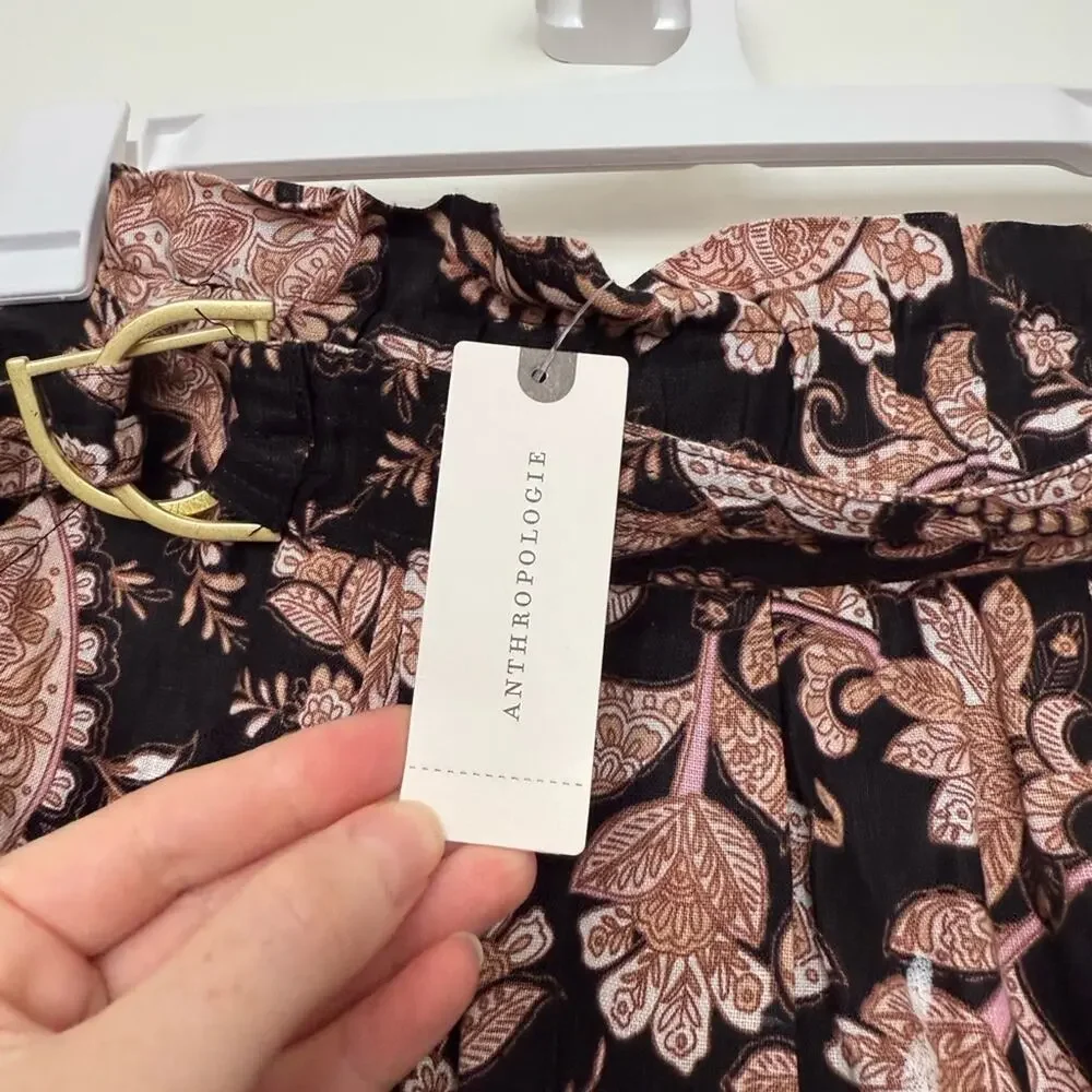 NWT Kivari Layla Black Paisley Linen High Waisted Paperbag Belted Shorts